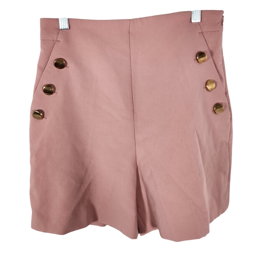 Zara Pink High Waisted Shorts Gold Button‎ Accents Side Zip Size Small